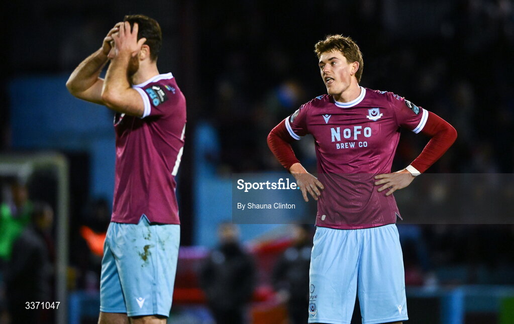 27 February 2026; Drogheda United players Jago Godden, right, and Conor Keely react during the SSE Airtricity Men's Premier Division match between Drogheda United and Shelbourne at Sullivan & Lambe Park in Drogheda, Louth. Photo by Shauna Clinton/Sportsfile
