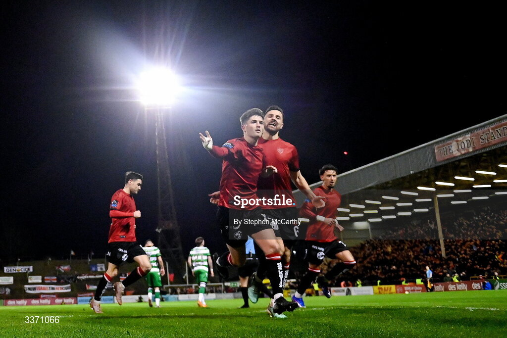 27 February 2026; Colm Whelan of Bohemians, centre, celebrates after scoring his side's second goal, a penalty, during the SSE Airtricity Men's Premier Division match between Bohemians and Shamrock Rovers at Dalymount Park in Dublin. Photo by Stephen McCarthy/Sportsfile