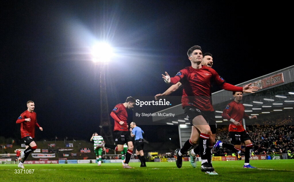 27 February 2026; Colm Whelan of Bohemians, right, celebrates after scoring his side's second goal, a penalty, during the SSE Airtricity Men's Premier Division match between Bohemians and Shamrock Rovers at Dalymount Park in Dublin. Photo by Stephen McCarthy/Sportsfile
