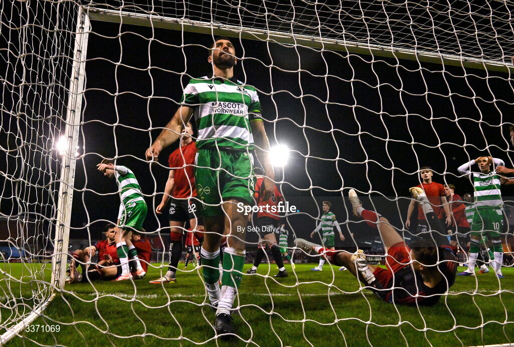 27 February 2026; Roberto Lopes of Shamrock Rovers reacts after heading over from close range during the SSE Airtricity Men's Premier Division match between Bohemians and Shamrock Rovers at Dalymount Park in Dublin. Photo by Seb Daly/Sportsfile