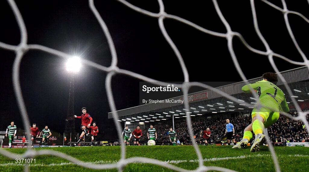 27 February 2026; Colm Whelan of Bohemians shoots to score his side's second goal, a penalty, during the SSE Airtricity Men's Premier Division match between Bohemians and Shamrock Rovers at Dalymount Park in Dublin. Photo by Stephen McCarthy/Sportsfile