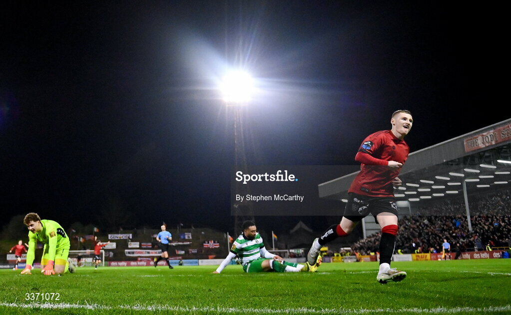 27 February 2026; Ross Tierney of Bohemians celebrates after scoring his side's third goal during the SSE Airtricity Men's Premier Division match between Bohemians and Shamrock Rovers at Dalymount Park in Dublin. Photo by Stephen McCarthy/Sportsfile