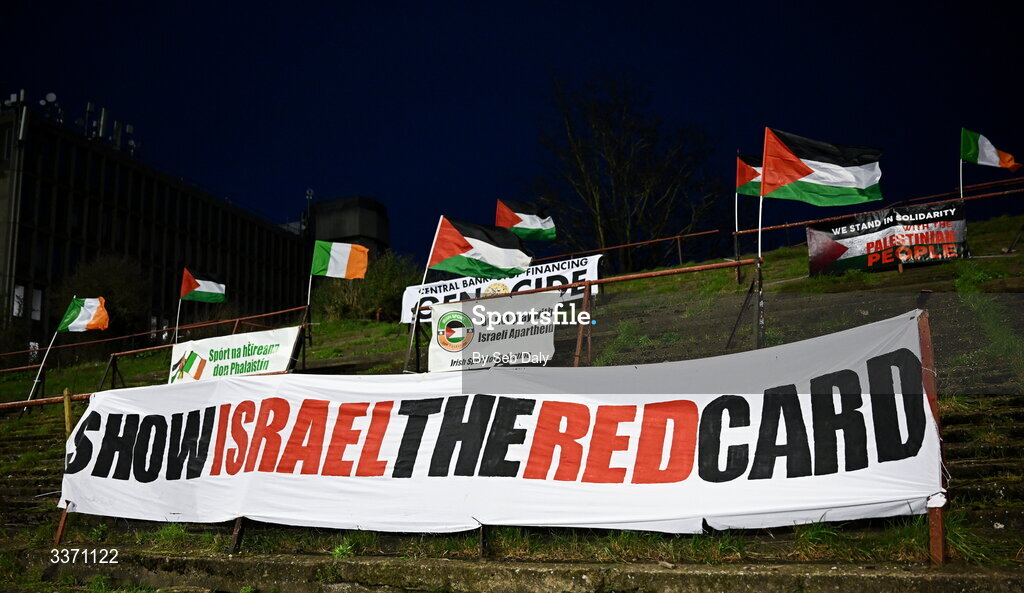 27 February 2026; Flags and banners on the terrace before the SSE Airtricity Men's Premier Division match between Bohemians and Shamrock Rovers at Dalymount Park in Dublin. Photo by Seb Daly/Sportsfile