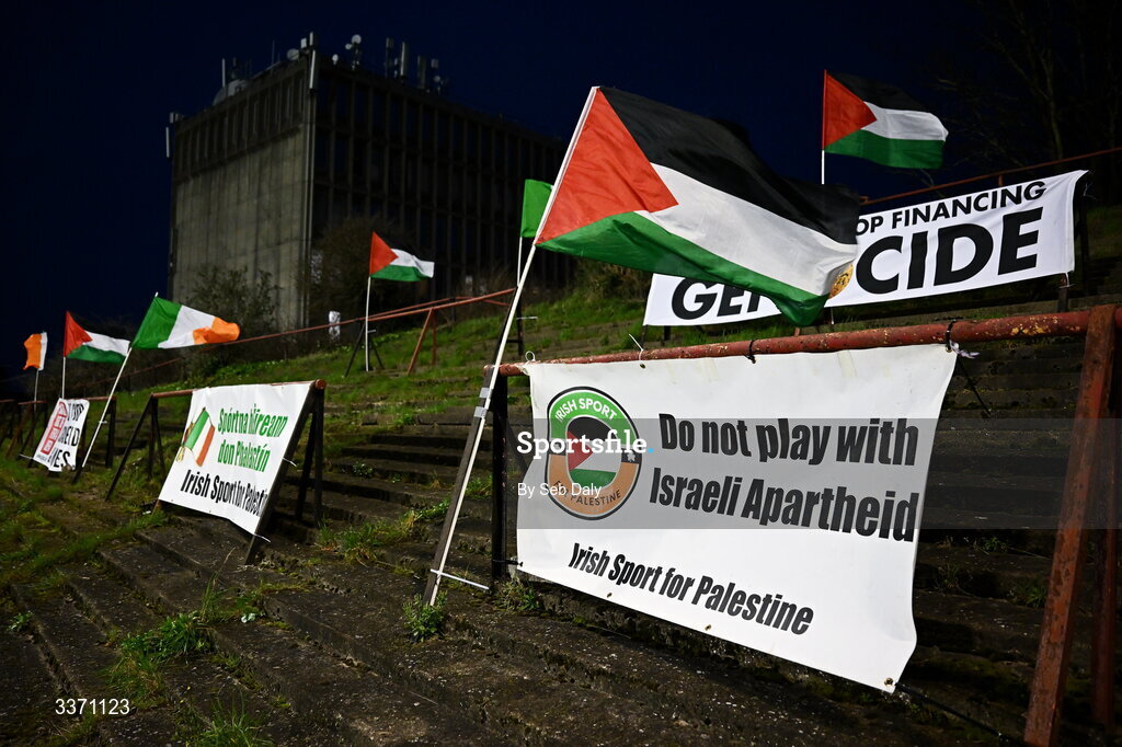 27 February 2026; Flags and banners on the terrace before the SSE Airtricity Men's Premier Division match between Bohemians and Shamrock Rovers at Dalymount Park in Dublin. Photo by Seb Daly/Sportsfile