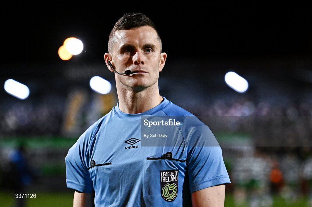 27 February 2026; Assistant referee David Connolly before the SSE Airtricity Men's Premier Division match between Bohemians and Shamrock Rovers at Dalymount Park in Dublin. Photo by Seb Daly/Sportsfile