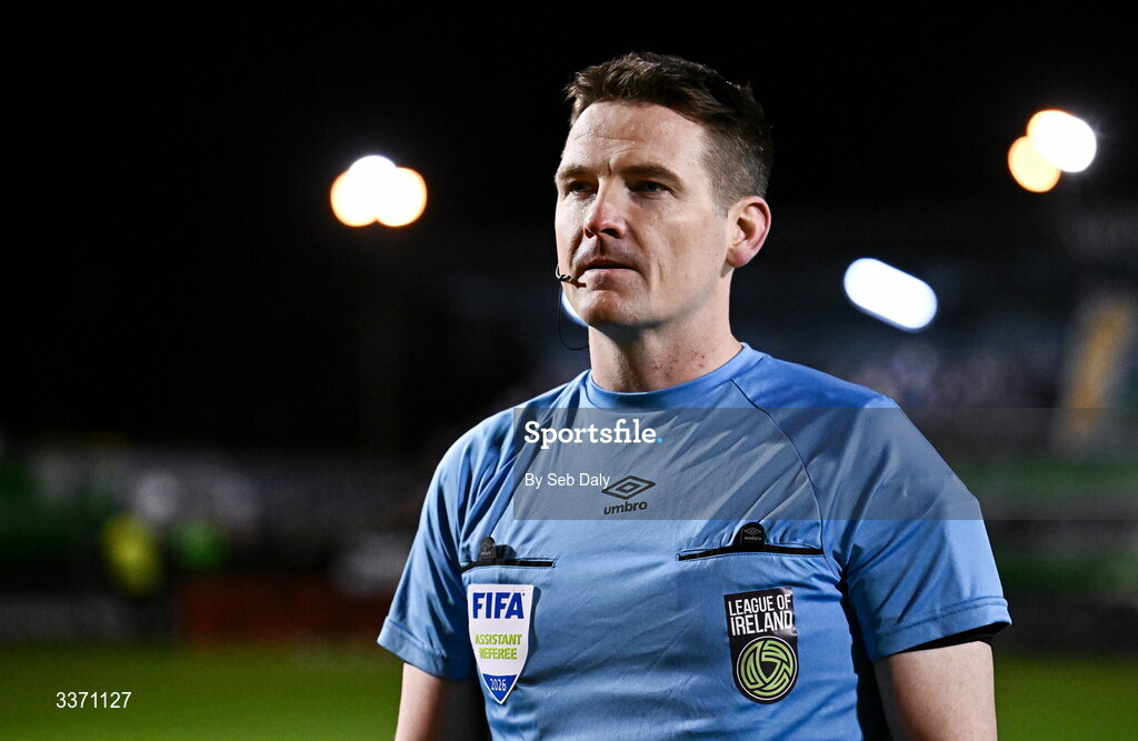 27 February 2026; Assistant referee Darragh Keegan before the SSE Airtricity Men's Premier Division match between Bohemians and Shamrock Rovers at Dalymount Park in Dublin. Photo by Seb Daly/Sportsfile