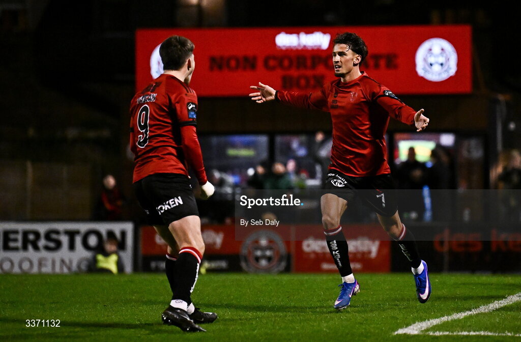 27 February 2026; Connor Parsons of Bohemians celebrates after scoring his side's first goal during the SSE Airtricity Men's Premier Division match between Bohemians and Shamrock Rovers at Dalymount Park in Dublin. Photo by Seb Daly/Sportsfile