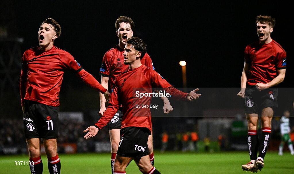 27 February 2026; Connor Parsons of Bohemians, centre, celebrates with teammates after scoring their side's during the SSE Airtricity Men's Premier Division match between Bohemians and Shamrock Rovers at Dalymount Park in Dublin. Photo by Seb Daly/Sportsfile