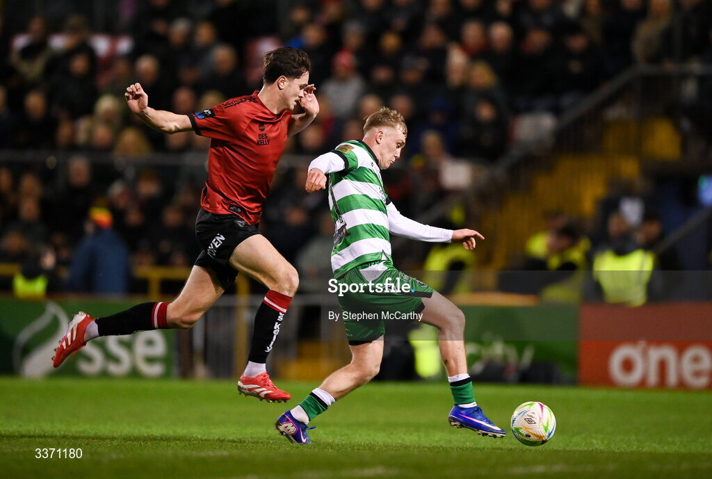 27 February 2026; Michael Noonan of Shamrock Rovers in action against Patrick Hickey of Bohemians during the SSE Airtricity Men's Premier Division match between Bohemians and Shamrock Rovers at Dalymount Park in Dublin.  Photo by Stephen McCarthy/Sportsfile