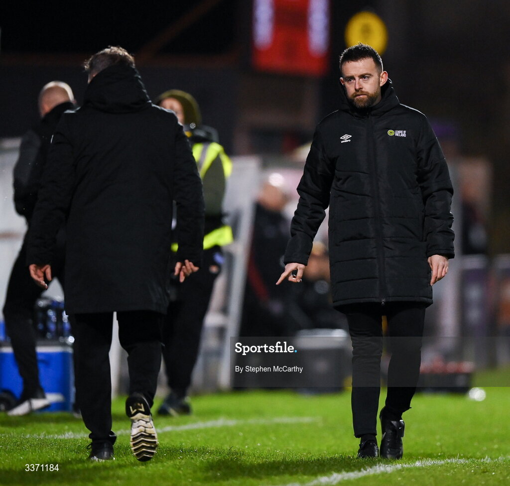 27 February 2026; Fourth official Declan Toland during the SSE Airtricity Men's Premier Division match between Bohemians and Shamrock Rovers at Dalymount Park in Dublin.  Photo by Stephen McCarthy/Sportsfile