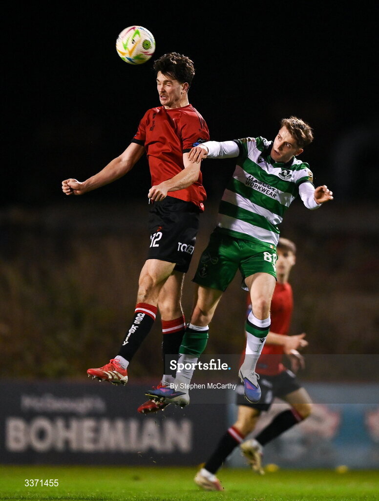 27 February 2026; Patrick Hickey of Bohemians in action against John McGovern of Shamrock Rovers during the SSE Airtricity Men's Premier Division match between Bohemians and Shamrock Rovers at Dalymount Park in Dublin.  Photo by Stephen McCarthy/Sportsfile