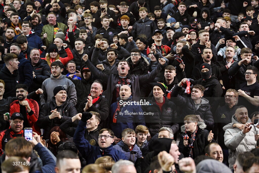 27 February 2026; Bohemians supporters celebrate during the SSE Airtricity Men's Premier Division match between Bohemians and Shamrock Rovers at Dalymount Park in Dublin.  Photo by Stephen McCarthy/Sportsfile
