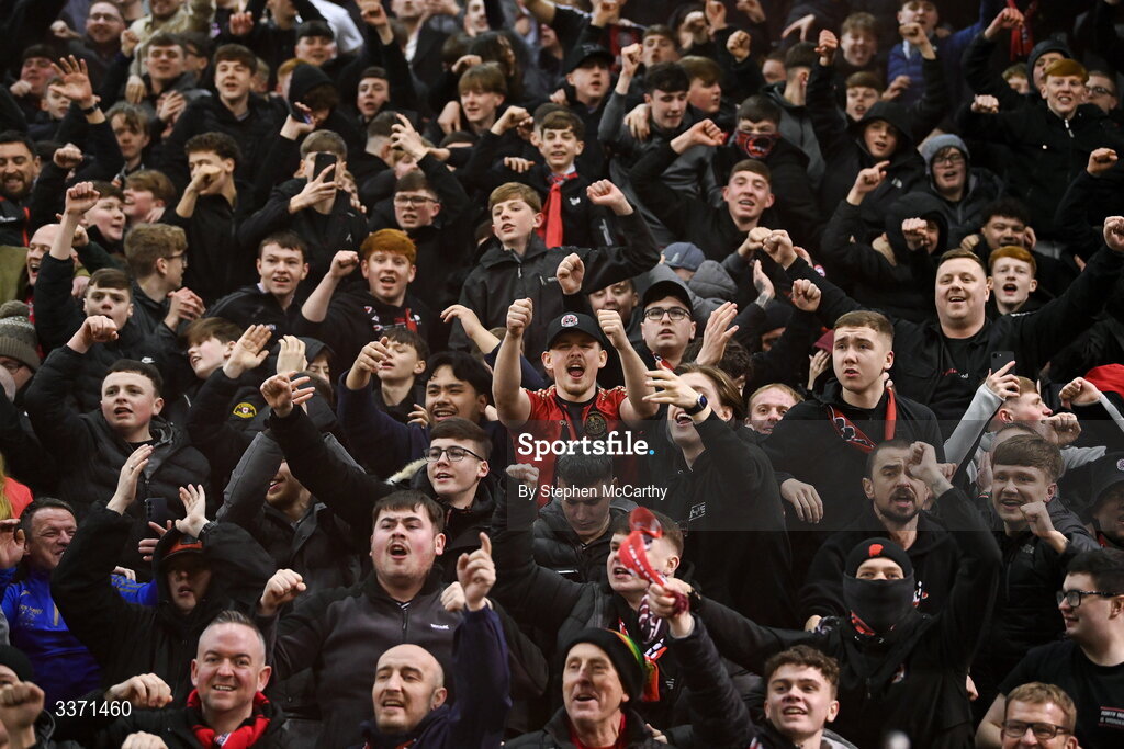 27 February 2026; Bohemians supporters celebrate during the SSE Airtricity Men's Premier Division match between Bohemians and Shamrock Rovers at Dalymount Park in Dublin.  Photo by Stephen McCarthy/Sportsfile