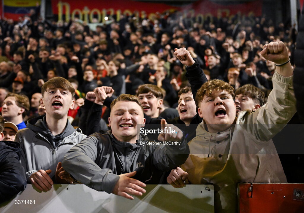 27 February 2026; Bohemians supporters celebrate during the SSE Airtricity Men's Premier Division match between Bohemians and Shamrock Rovers at Dalymount Park in Dublin.  Photo by Stephen McCarthy/Sportsfile