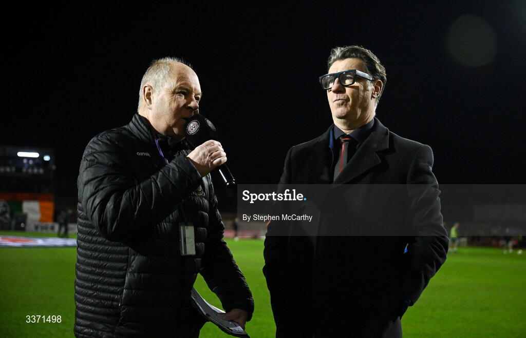 27 February 2026; Pitch side annoncer Larry Rogan interviews Roddy Collins before the SSE Airtricity Men's Premier Division match between Bohemians and Shamrock Rovers at Dalymount Park in Dublin. Photo by Stephen McCarthy/Sportsfile