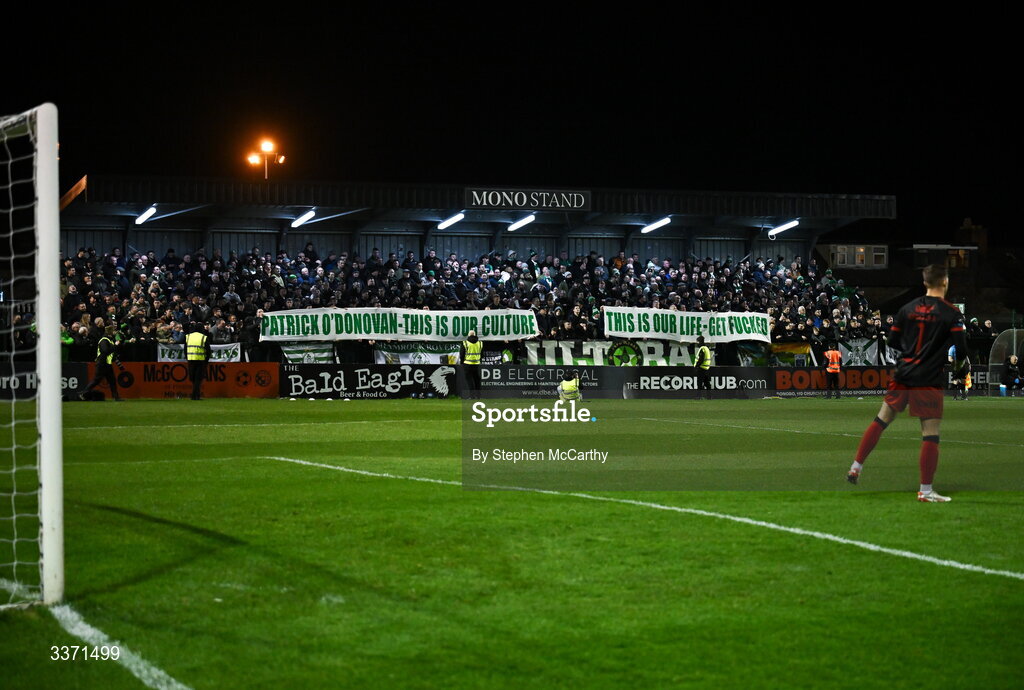 27 February 2026; Shamrock Rovers supporters hold up a banner with a message directed towards Minister for Arts, Media, Communications, Culture and Sport Patrick O'Donovan TD, before the SSE Airtricity Men's Premier Division match between Bohemians and Shamrock Rovers at Dalymount Park in Dublin. Photo by Stephen McCarthy/Sportsfile Photo by Stephen McCarthy/Sportsfile