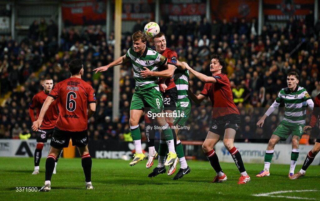 27 February 2026; Sam Todd of Bohemians in action against Daniel Cleary of Shamrock Rovers during the SSE Airtricity Men's Premier Division match between Bohemians and Shamrock Rovers at Dalymount Park in Dublin.  Photo by Stephen McCarthy/Sportsfile