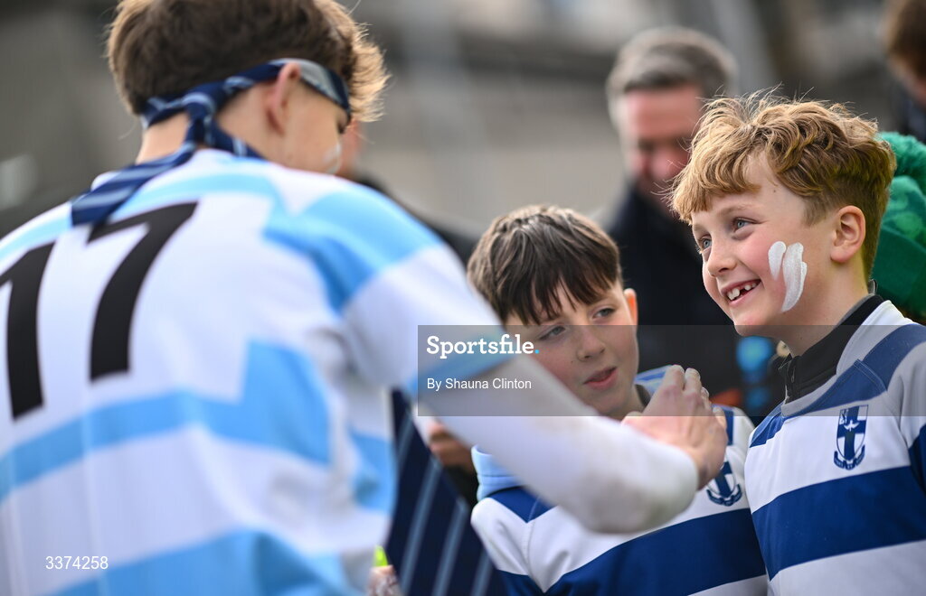 2 March 2026; Blackrock College supporters receive face paint before the Bank of Ireland Leinster Rugby Boys Schools Senior Cup semi-final match between St Michael's College and Blackrock College at Energia Park in Dublin. Photo by Shauna Clinton/Sportsfile
