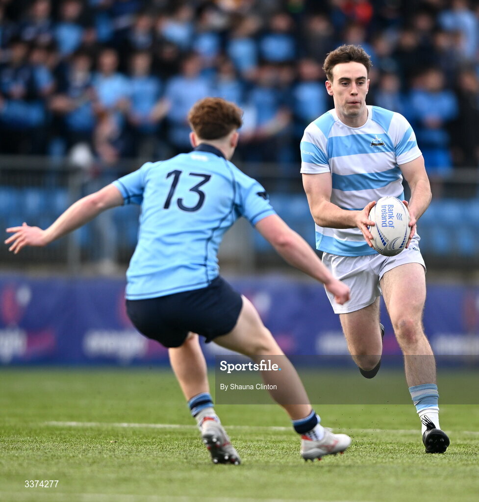 2 March 2026; Bernard White of Blackrock College in action against Sam Dunne of St Michael's College during the Bank of Ireland Leinster Rugby Boys Schools Senior Cup semi-final match between St Michael's College and Blackrock College at Energia Park in Dublin. Photo by Shauna Clinton/Sportsfile