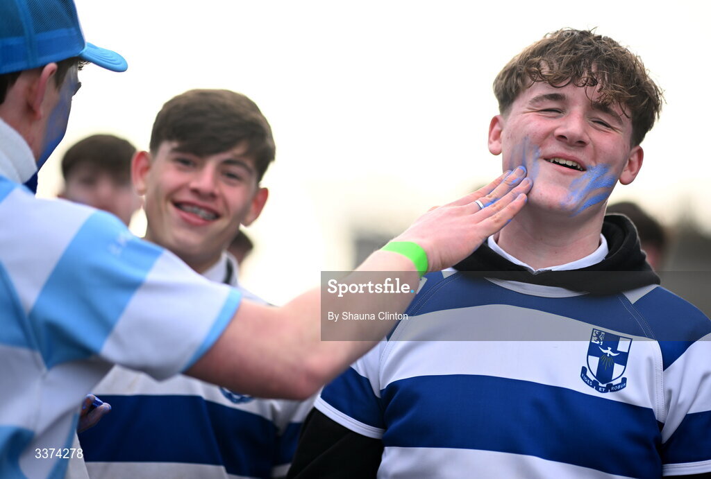 2 March 2026; Blackrock College supporters receive face paint before the Bank of Ireland Leinster Rugby Boys Schools Senior Cup semi-final match between St Michael's College and Blackrock College at Energia Park in Dublin. Photo by Shauna Clinton/Sportsfile