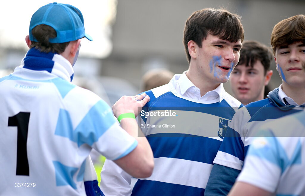 2 March 2026; Blackrock College supporter and junior team player Gabriel Farrell, son of Ireland Rugby head coach Andy Farrell, receives face paint before the Bank of Ireland Leinster Rugby Boys Schools Senior Cup semi-final match between St Michael's College and Blackrock College at Energia Park in Dublin. Photo by Shauna Clinton/Sportsfile