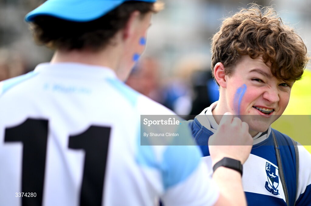 2 March 2026; Blackrock College supporters receive face paint before the Bank of Ireland Leinster Rugby Boys Schools Senior Cup semi-final match between St Michael's College and Blackrock College at Energia Park in Dublin. Photo by Shauna Clinton/Sportsfile