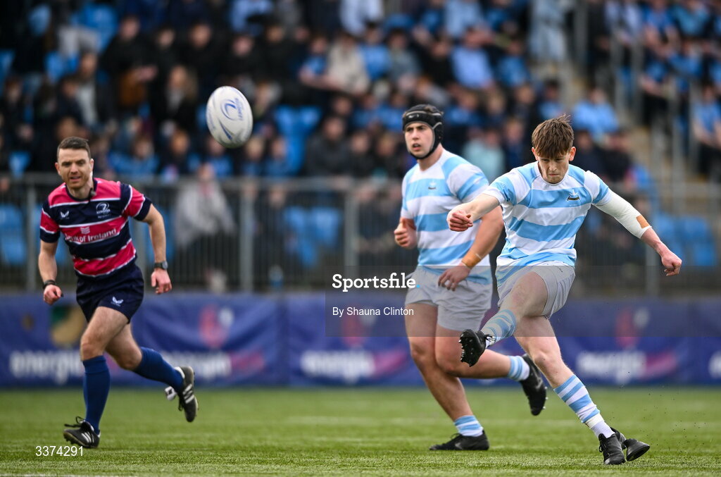 2 March 2026; Luke Coffey of Blackrock College kicks a penalty during the Bank of Ireland Leinster Rugby Boys Schools Senior Cup semi-final match between St Michael's College and Blackrock College at Energia Park in Dublin. Photo by Shauna Clinton/Sportsfile