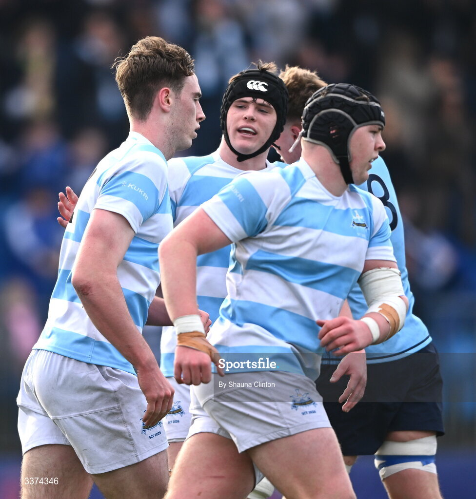 2 March 2026; Bernard White of Blackrock College, left, is congratulated by team-mates after scoring his side's first try during the Bank of Ireland Leinster Rugby Boys Schools Senior Cup semi-final match between St Michael's College and Blackrock College at Energia Park in Dublin. Photo by Shauna Clinton/Sportsfile