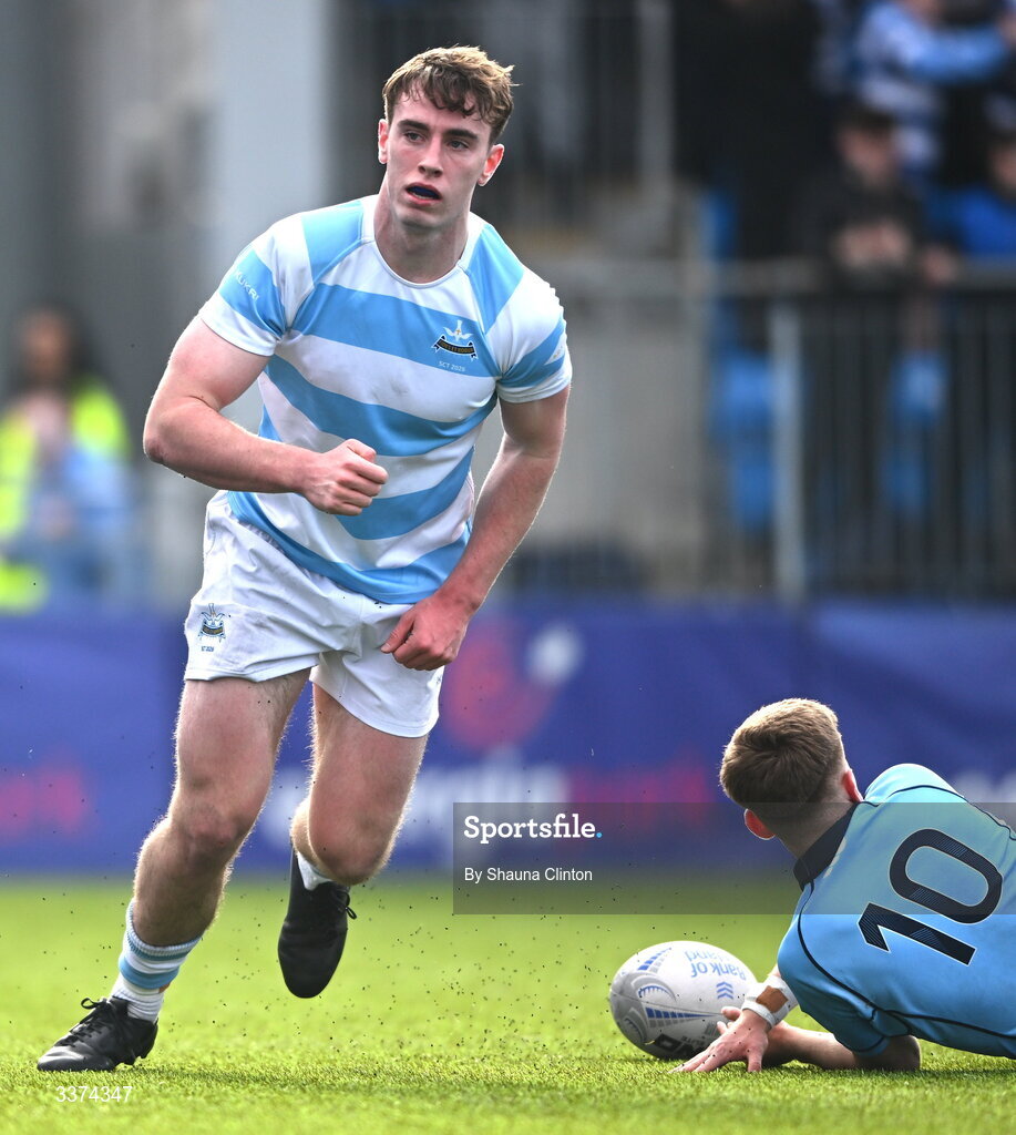 2 March 2026; Bernard White of Blackrock College celebrates after scoring his side's first try during the Bank of Ireland Leinster Rugby Boys Schools Senior Cup semi-final match between St Michael's College and Blackrock College at Energia Park in Dublin. Photo by Shauna Clinton/Sportsfile