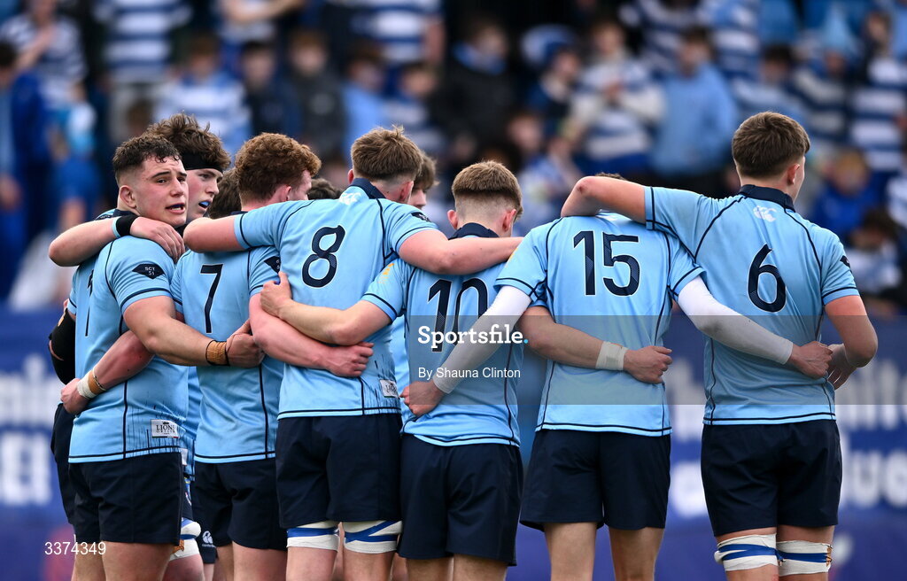 2 March 2026; Herbie Boyle of St Michael's College, left, and team-mates huddle during the Bank of Ireland Leinster Rugby Boys Schools Senior Cup semi-final match between St Michael's College and Blackrock College at Energia Park in Dublin. Photo by Shauna Clinton/Sportsfile