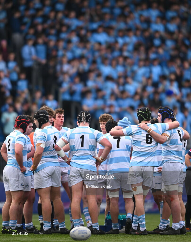 2 March 2026; Blackrock College players huddle during the Bank of Ireland Leinster Rugby Boys Schools Senior Cup semi-final match between St Michael's College and Blackrock College at Energia Park in Dublin. Photo by Shauna Clinton/Sportsfile