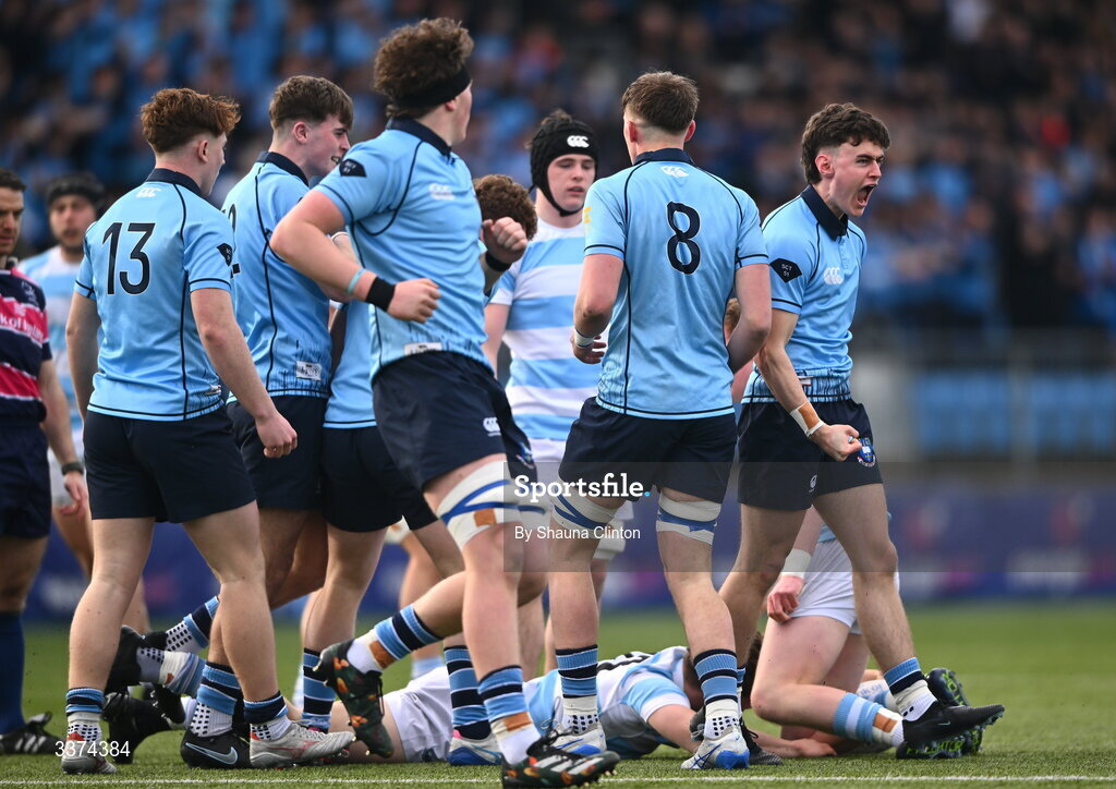 2 March 2026; Andrew Norse of St Michael's College, right, and team-mates celebrate their side winning a scrum during the Bank of Ireland Leinster Rugby Boys Schools Senior Cup semi-final match between St Michael's College and Blackrock College at Energia Park in Dublin. Photo by Shauna Clinton/Sportsfile