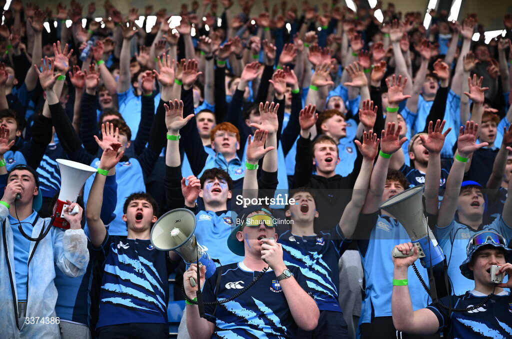 2 March 2026; St Michael's College supporters during the Bank of Ireland Leinster Rugby Boys Schools Senior Cup semi-final match between St Michael's College and Blackrock College at Energia Park in Dublin. Photo by Shauna Clinton/Sportsfile