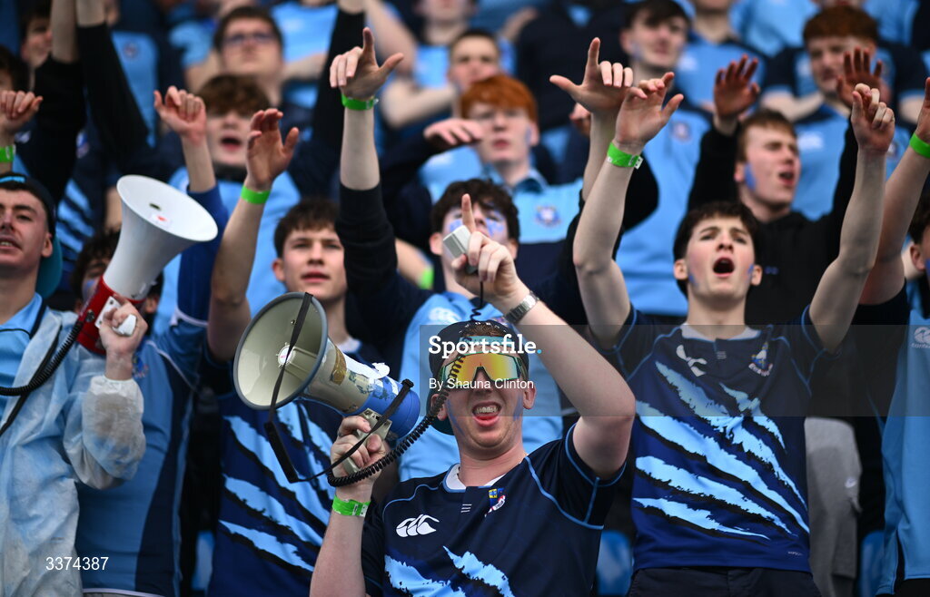 2 March 2026; St Michael's College supporters during the Bank of Ireland Leinster Rugby Boys Schools Senior Cup semi-final match between St Michael's College and Blackrock College at Energia Park in Dublin. Photo by Shauna Clinton/Sportsfile