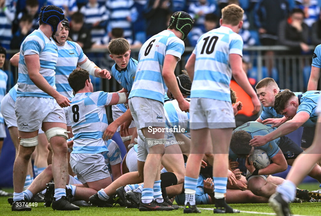 2 March 2026; Joe Kennedy of St Michael's College dives over to score his side's second try during the Bank of Ireland Leinster Rugby Boys Schools Senior Cup semi-final match between St Michael's College and Blackrock College at Energia Park in Dublin. Photo by Shauna Clinton/Sportsfile