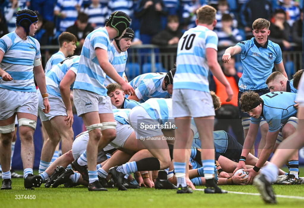 2 March 2026; Joe Kennedy of St Michael's College dives over to score his side's second try during the Bank of Ireland Leinster Rugby Boys Schools Senior Cup semi-final match between St Michael's College and Blackrock College at Energia Park in Dublin. Photo by Shauna Clinton/Sportsfile
