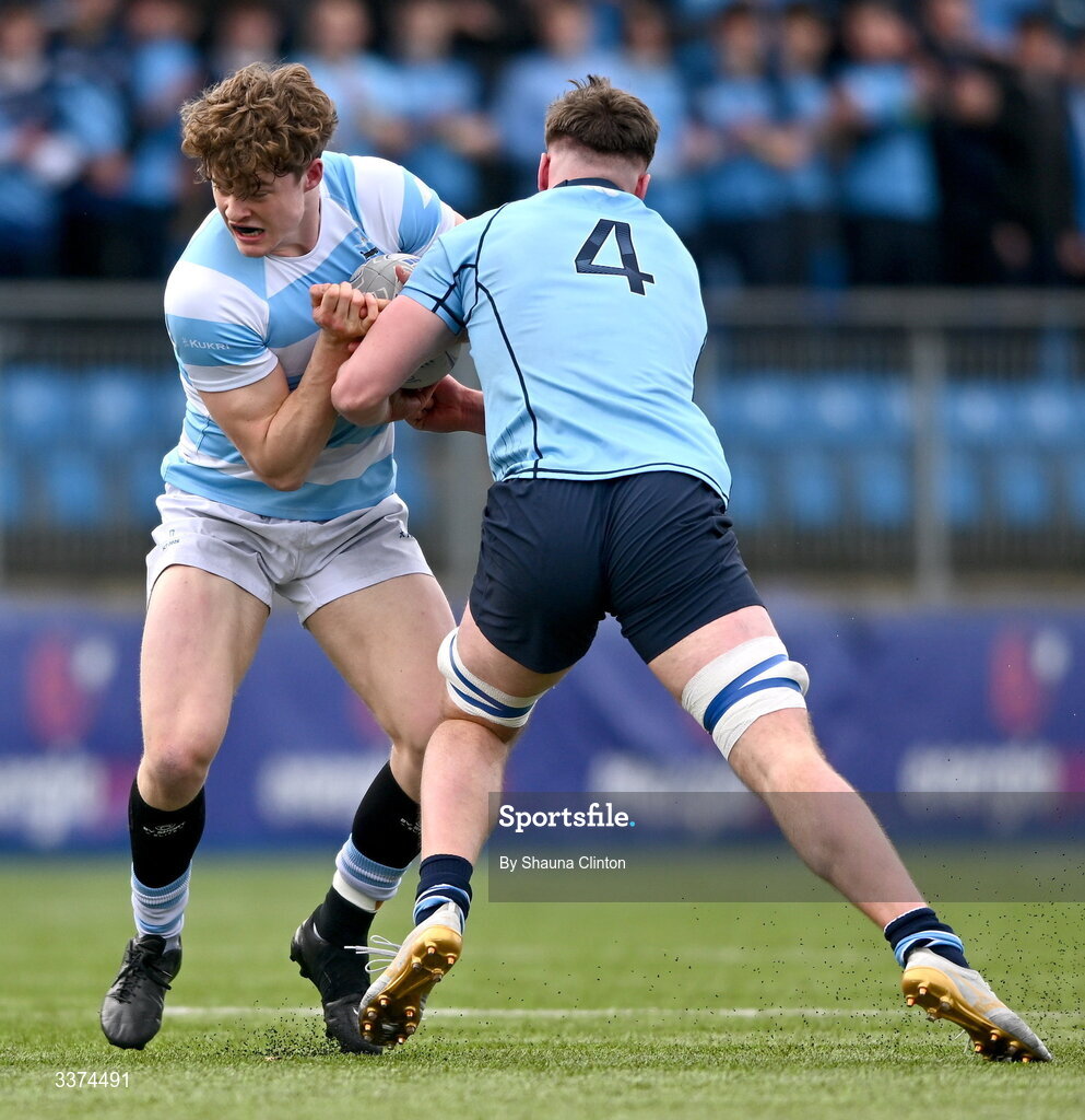 2 March 2026; James Browne of Blackrock College is tackled by Philip Lynch of St Michael's College during the Bank of Ireland Leinster Rugby Boys Schools Senior Cup semi-final match between St Michael's College and Blackrock College at Energia Park in Dublin. Photo by Shauna Clinton/Sportsfile