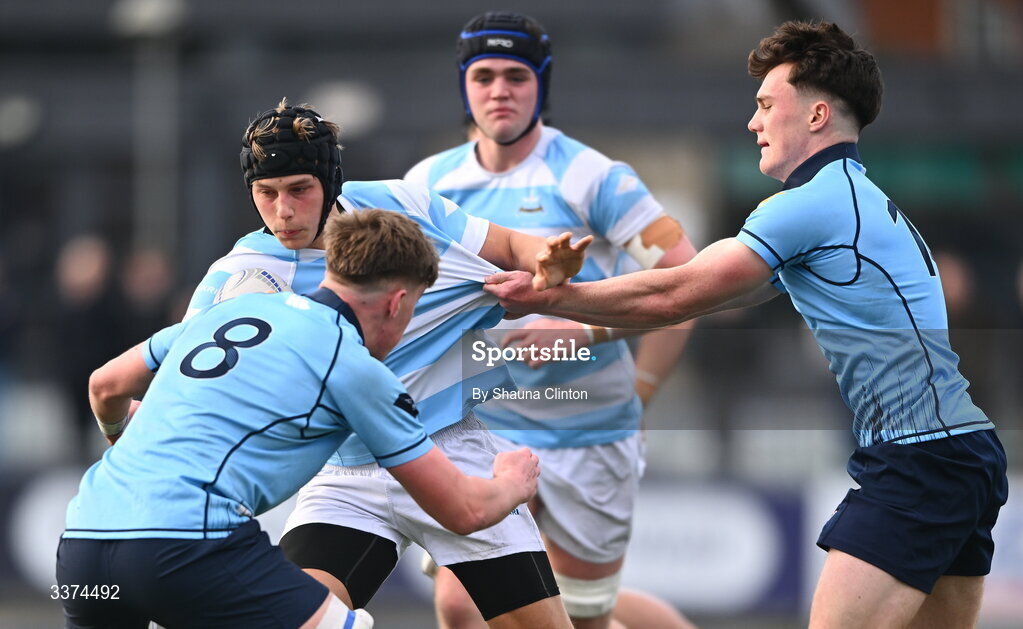 2 March 2026; Alex Aschenbrenner of Blackrock College is tackled by Myles Berman of St Michael's College during the Bank of Ireland Leinster Rugby Boys Schools Senior Cup semi-final match between St Michael's College and Blackrock College at Energia Park in Dublin. Photo by Shauna Clinton/Sportsfile