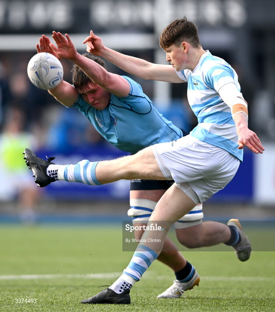 2 March 2026; Luke Coffey of Blackrock College kicks clear despite the efforts of Philip Lynch of St Michael's College during the Bank of Ireland Leinster Rugby Boys Schools Senior Cup semi-final match between St Michael's College and Blackrock College at Energia Park in Dublin. Photo by Shauna Clinton/Sportsfile