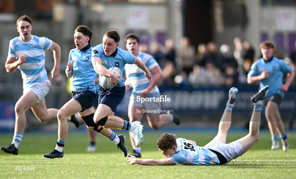 2 March 2026; Matthew McCarthy of St Michael's College evades the tackle of Cael McCloskey of Blackrock College during the Bank of Ireland Leinster Rugby Boys Schools Senior Cup semi-final match between St Michael's College and Blackrock College at Energia Park in Dublin. Photo by Shauna Clinton/Sportsfile