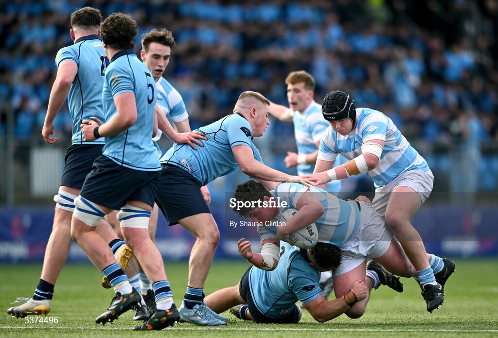 2 March 2026; Tom Keaveney of Blackrock College is tackled by Herbie Boyle of St Michael's College during the Bank of Ireland Leinster Rugby Boys Schools Senior Cup semi-final match between St Michael's College and Blackrock College at Energia Park in Dublin. Photo by Shauna Clinton/Sportsfile