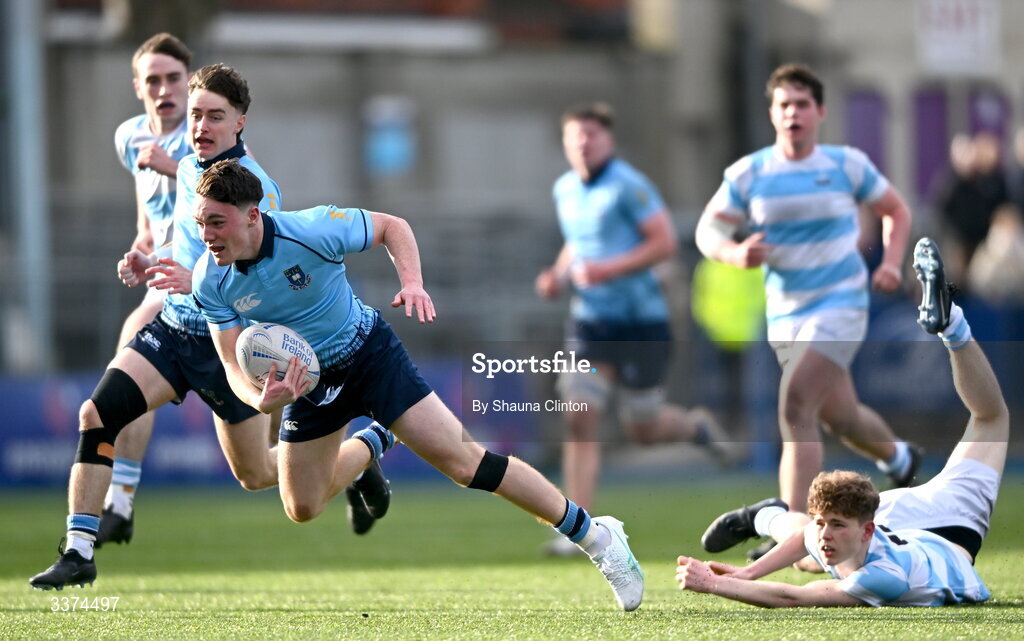 2 March 2026; Matthew McCarthy of St Michael's College evades the tackle of Cael McCloskey of Blackrock College during the Bank of Ireland Leinster Rugby Boys Schools Senior Cup semi-final match between St Michael's College and Blackrock College at Energia Park in Dublin. Photo by Shauna Clinton/Sportsfile