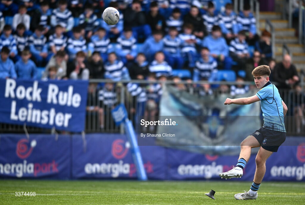 2 March 2026; Harrison McMahon of St Michael's College attempts to kick a conversion during the Bank of Ireland Leinster Rugby Boys Schools Senior Cup semi-final match between St Michael's College and Blackrock College at Energia Park in Dublin. Photo by Shauna Clinton/Sportsfile