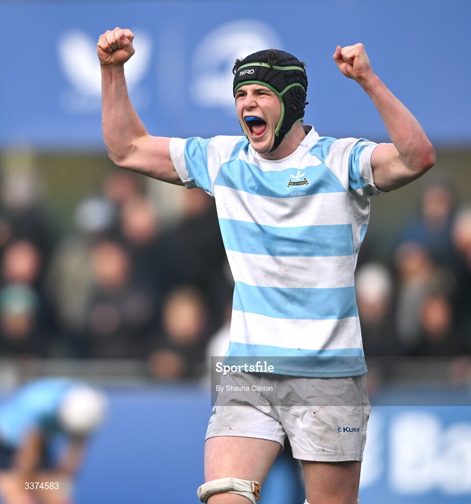 2 March 2026; Conal Power of Blackrock College celebrates at the final whistle of the Bank of Ireland Leinster Rugby Boys Schools Senior Cup semi-final match between St Michael's College and Blackrock College at Energia Park in Dublin. Photo by Shauna Clinton/Sportsfile