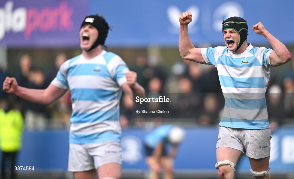 2 March 2026; Blackrock College players Conal Power, right, and Patrick Agnew celebrate at the final whistle of the Bank of Ireland Leinster Rugby Boys Schools Senior Cup semi-final match between St Michael's College and Blackrock College at Energia Park in Dublin. Photo by Shauna Clinton/Sportsfile