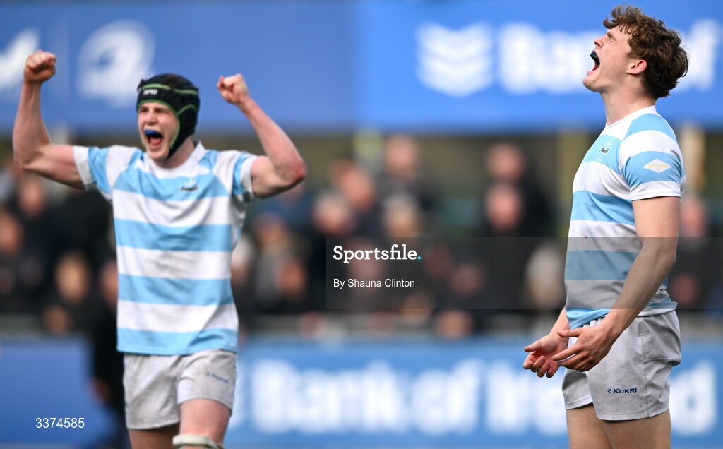 2 March 2026; Blackrock College players James Browne, right, and Conal Power celebrate at the final whistle of the Bank of Ireland Leinster Rugby Boys Schools Senior Cup semi-final match between St Michael's College and Blackrock College at Energia Park in Dublin. Photo by Shauna Clinton/Sportsfile