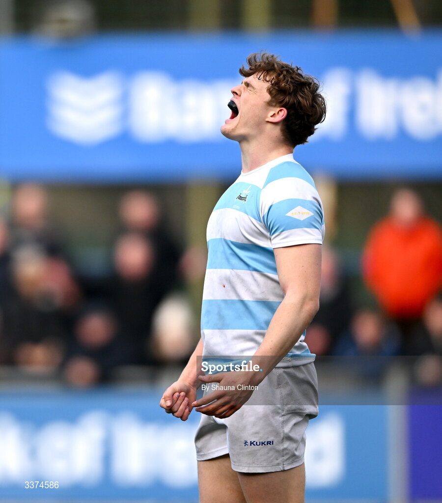 2 March 2026; James Browne of Blackrock College celebrates at the final whistle of the Bank of Ireland Leinster Rugby Boys Schools Senior Cup semi-final match between St Michael's College and Blackrock College at Energia Park in Dublin. Photo by Shauna Clinton/Sportsfile