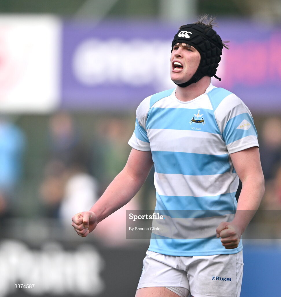 2 March 2026; Patrick Agnew of Blackrock College celebrates at the final whistle of the Bank of Ireland Leinster Rugby Boys Schools Senior Cup semi-final match between St Michael's College and Blackrock College at Energia Park in Dublin. Photo by Shauna Clinton/Sportsfile
