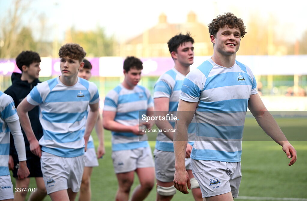 2 March 2026; James Browne of Blackrock College, right, and team-mates after their side's victory in the Bank of Ireland Leinster Rugby Boys Schools Senior Cup semi-final match between St Michael's College and Blackrock College at Energia Park in Dublin. Photo by Shauna Clinton/Sportsfile