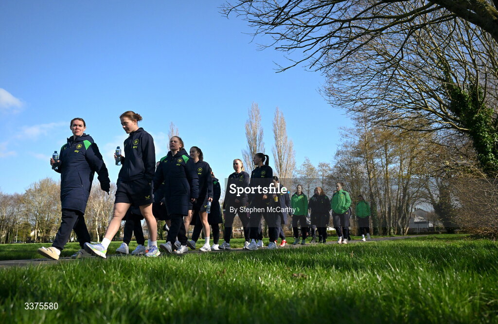 3 March 2026; Republic of Ireland players, including Aoife Mannion, left, and Emily Murphy during a team walk near their hotel ahead of the 2027 FIFA Women’s World Cup Qualifier match between Republic of Ireland and France at Tallaght Stadium in Dublin. Photo by Stephen McCarthy/Sportsfile